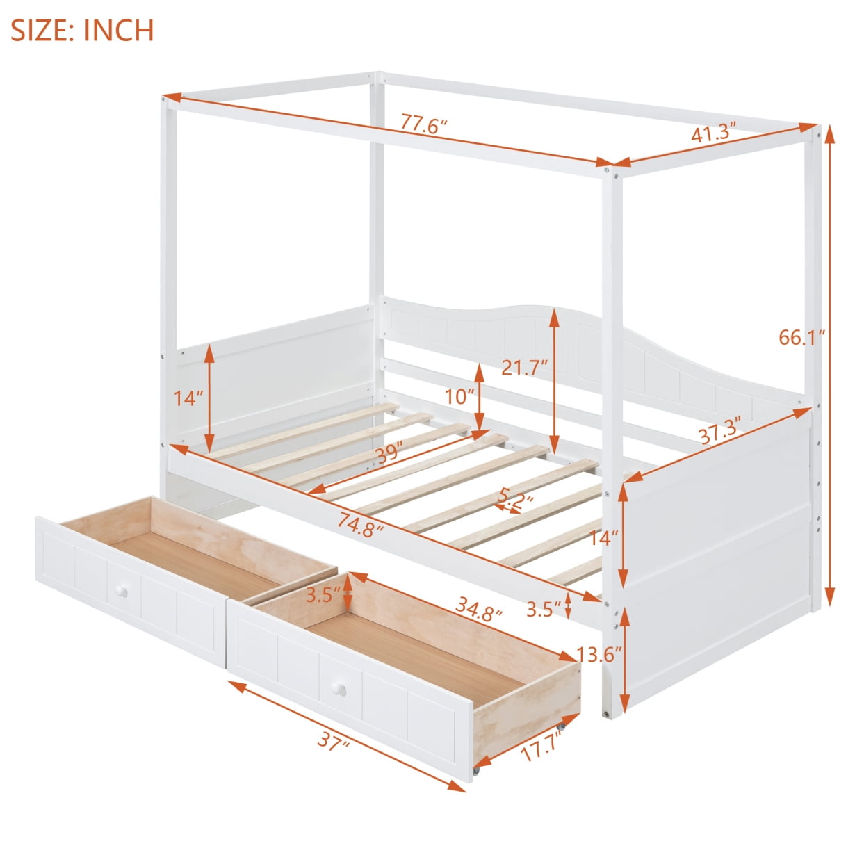 Day Bed, Twin Canopy Daybed with 2 Drawers, Modern Storage Bed Frame, Wooden Canopy Twin Bed Frames for Adults Boys and Girls, White