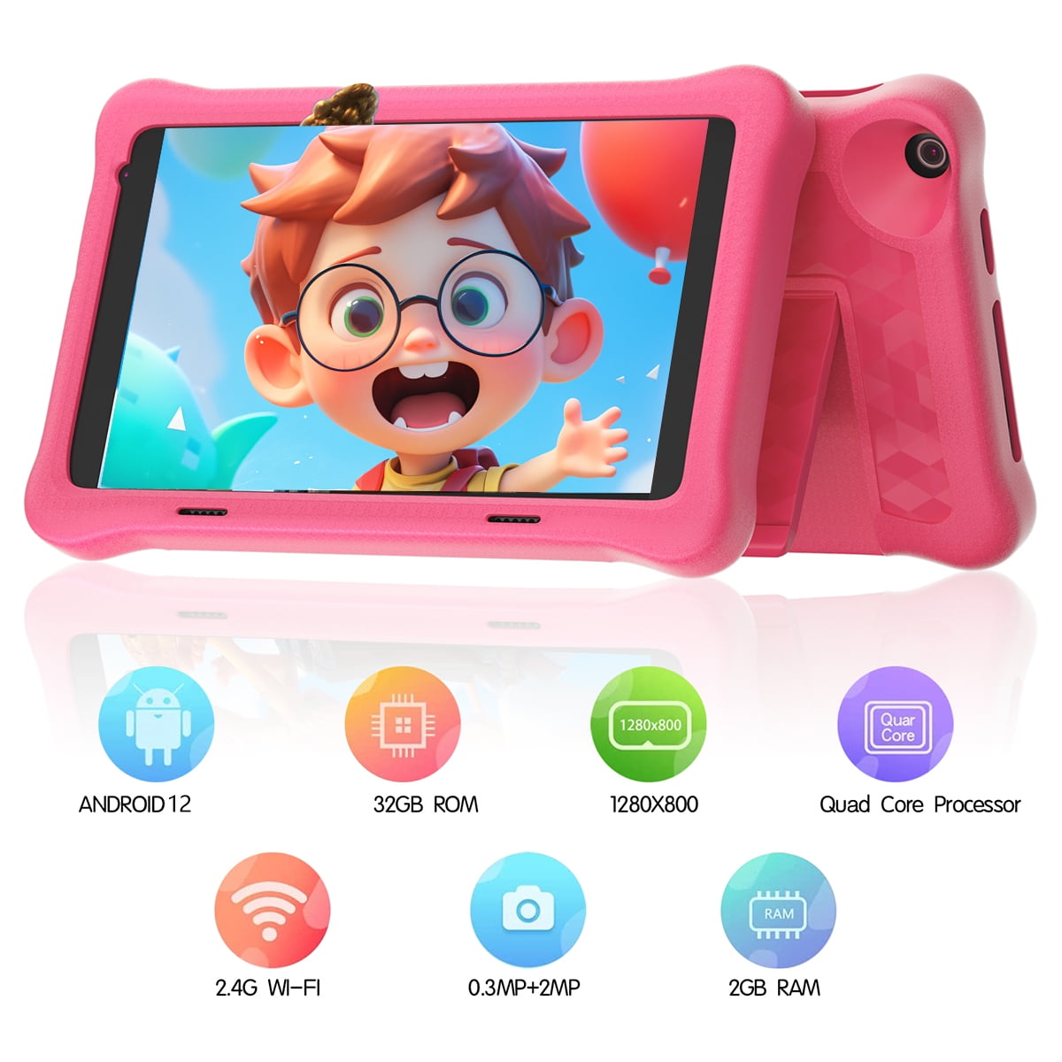 Bestski 8'' Kids Tablet Android 12, 32GB ROM+2GB RAM, Quad-Core Processor, 1280x800 IPS HD Eye-Care Touchscreen, Kids PC with Silicone Case,Blue