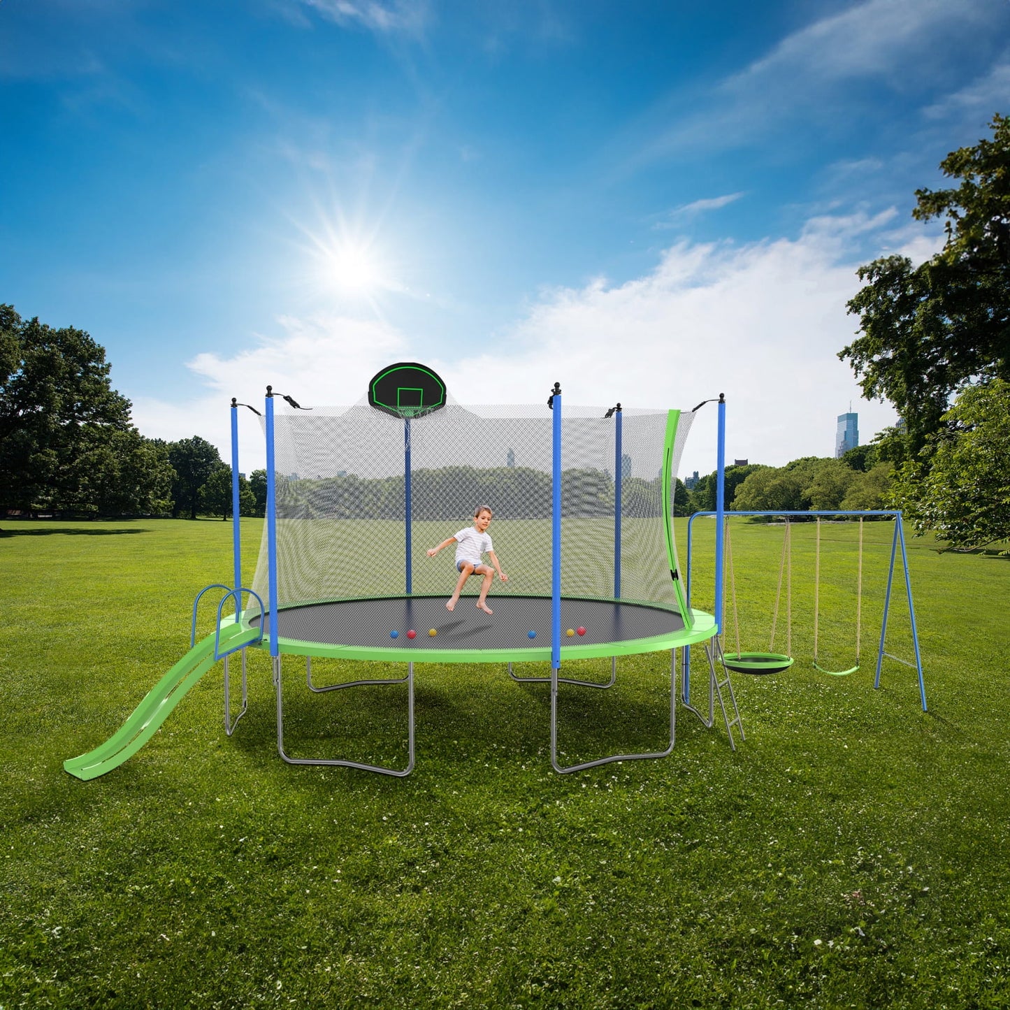 12FT Trampoline with Slide and Swings for Kids and Adults, Outdoor Recreational Trampoline with Basketball Hoop, Safety Enclosure and Ladder, Green