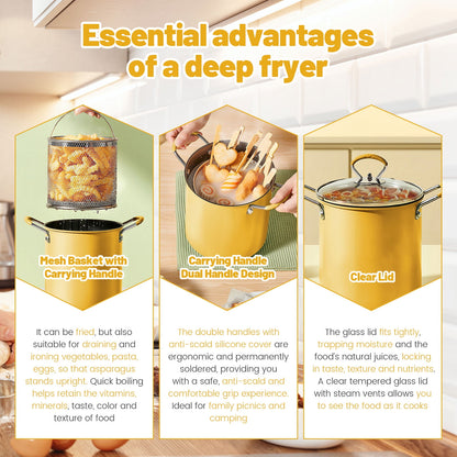 Deep Fryer Pot with Strainer Basket Stainless Steel Deep Fryer Pan with Handle Heat Resistant Deep Frying Pot 3L Mini Oil Fryer Pot Dishwasher Safe Deep Frying Oil Container for Frying