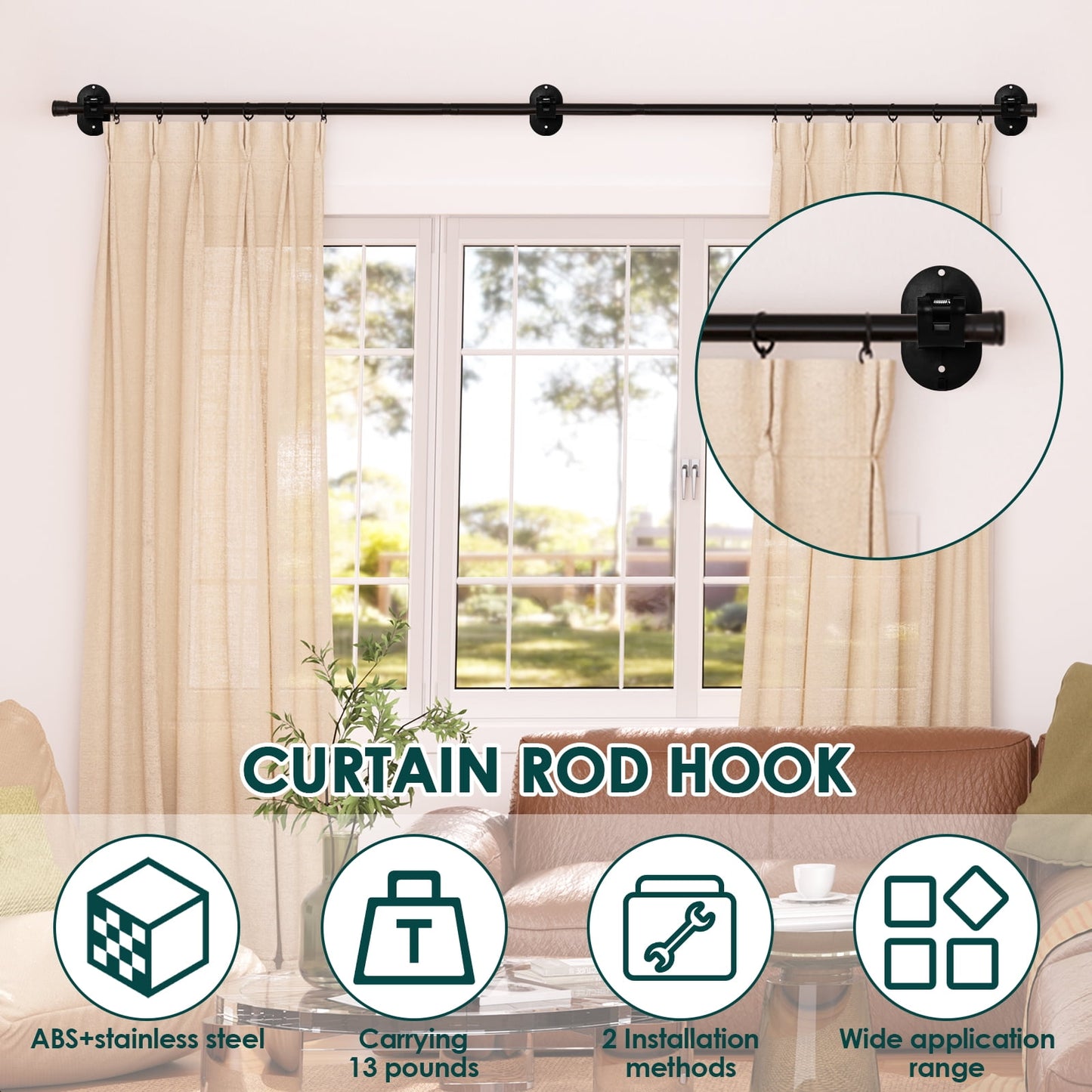 6 PCS No Drill Curtain Rod Brackets Upgraded No Drilling Self Adhesive Curtain Rod Holder Universal Nail Free Adjustable Curtain Rods Hooks for Bathroom Bedroom Livingroom Kitchen(Black)