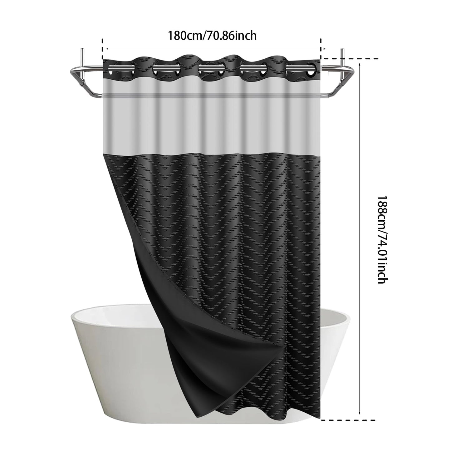 Dznils Black Fabric No Hook Shower Curtain with Snap in Liner, Tufted Chevron Textured, 72" x 74"