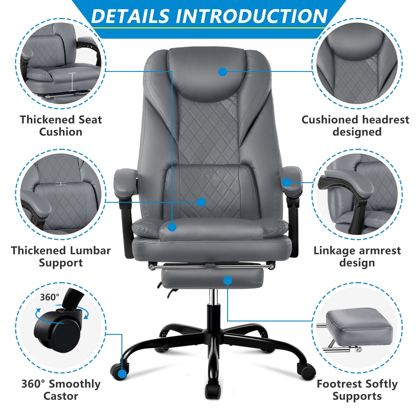 Coolhut Executive Office Chair, Big and Tall Office Chair with Foot Rest Reclining Leather Chair High Back Lumbar Support Ergonomic Office Chair with Padded Armrests