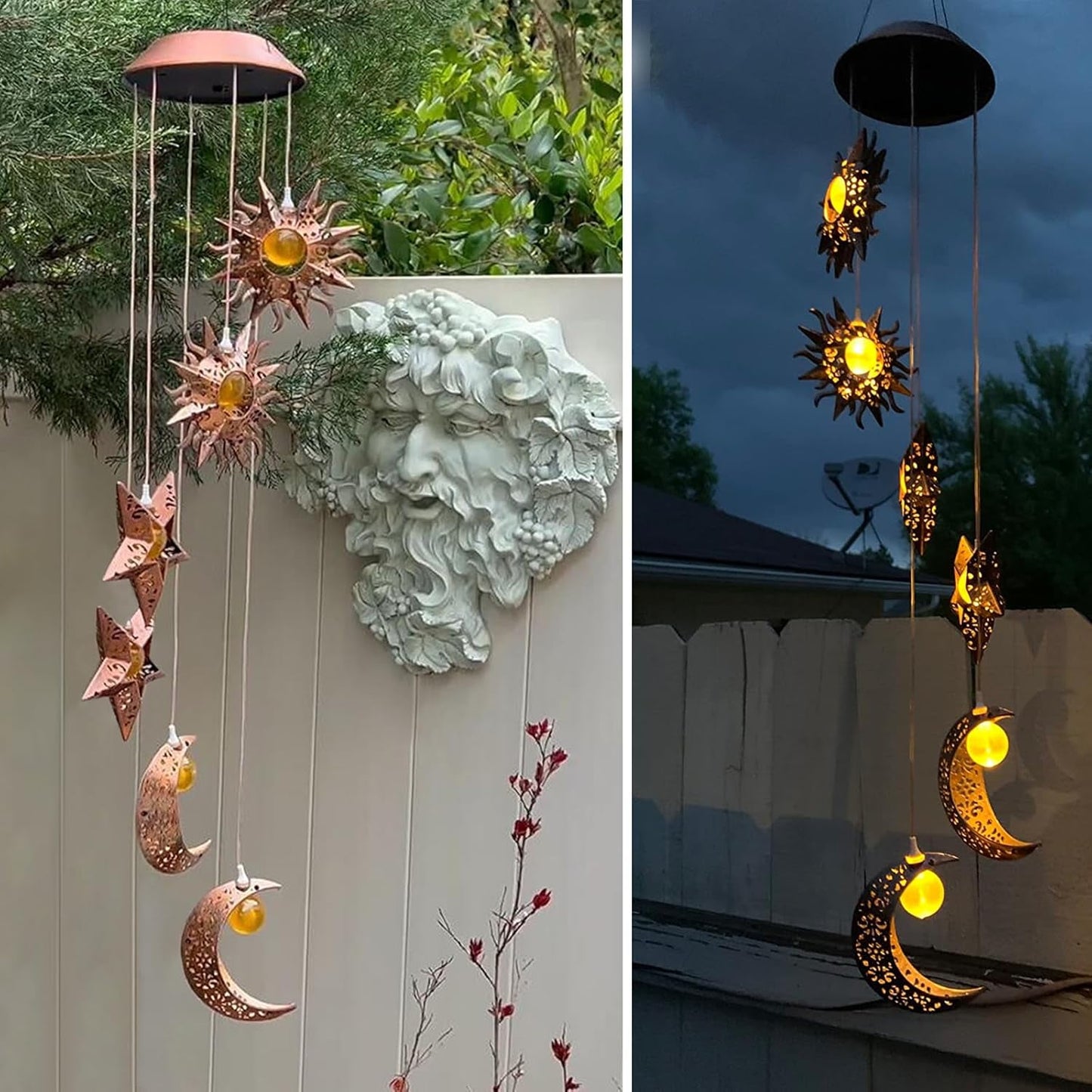 BUGHUT Solar Wind Chimes for Outside with Sun Moon Star Solar Hanging Lights Outdoor Windchimes Garden Decor Mom Gifts for Mothers Day Grandma Neighbors