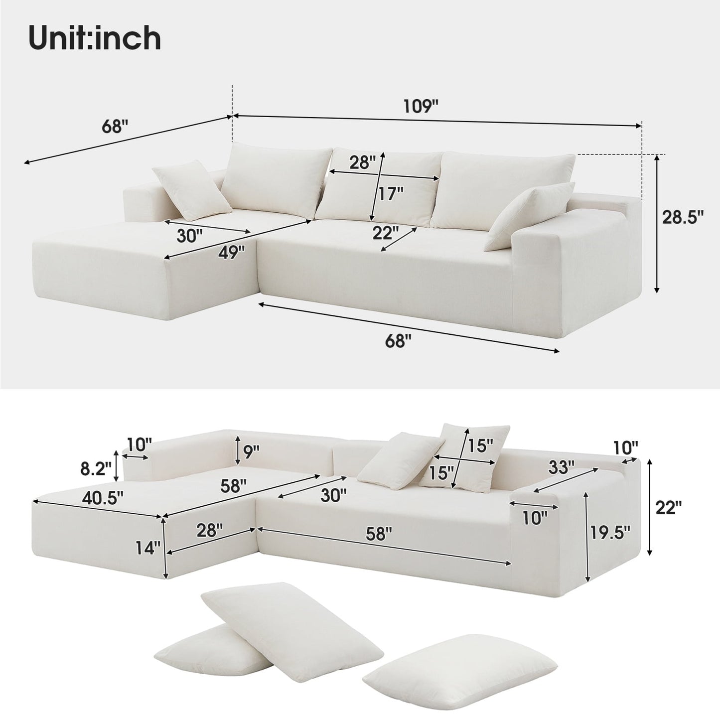 Convertible Modular Sectional Sofa,L Shaped Floor Sofa with Reversible Chaise,Upholstered Sleeper Cloud Sofa for Living Room, Bedroom,Weight Capacity 440lbs / seat,109L*68W*28.5H",White