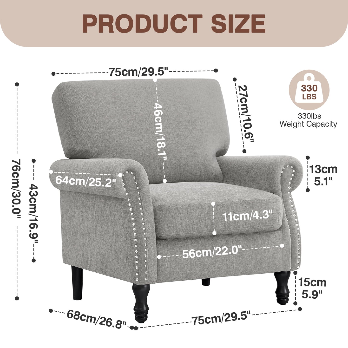 CoolHut Modern Accent Chair Armchair, Fabric Upholstered Comfy Single Sofa with Solid Wood Frame for Living Room, Gray